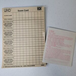 Vintage 1978 UNO Card Game Score Card Pad and 1979 Instructions Manual #4001